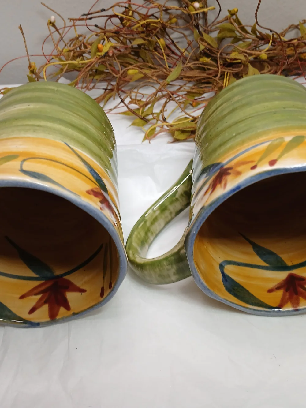 2 Pier 1 Hand-Painted Ceramic Mugs in Yellow, Green and Blue Elizabeth Style